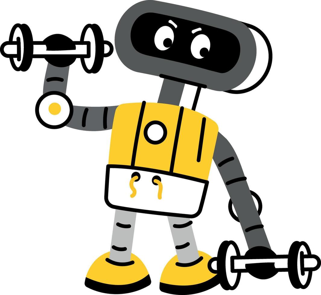 Workout robot carrying gym dumbbells, flat style illustration vector