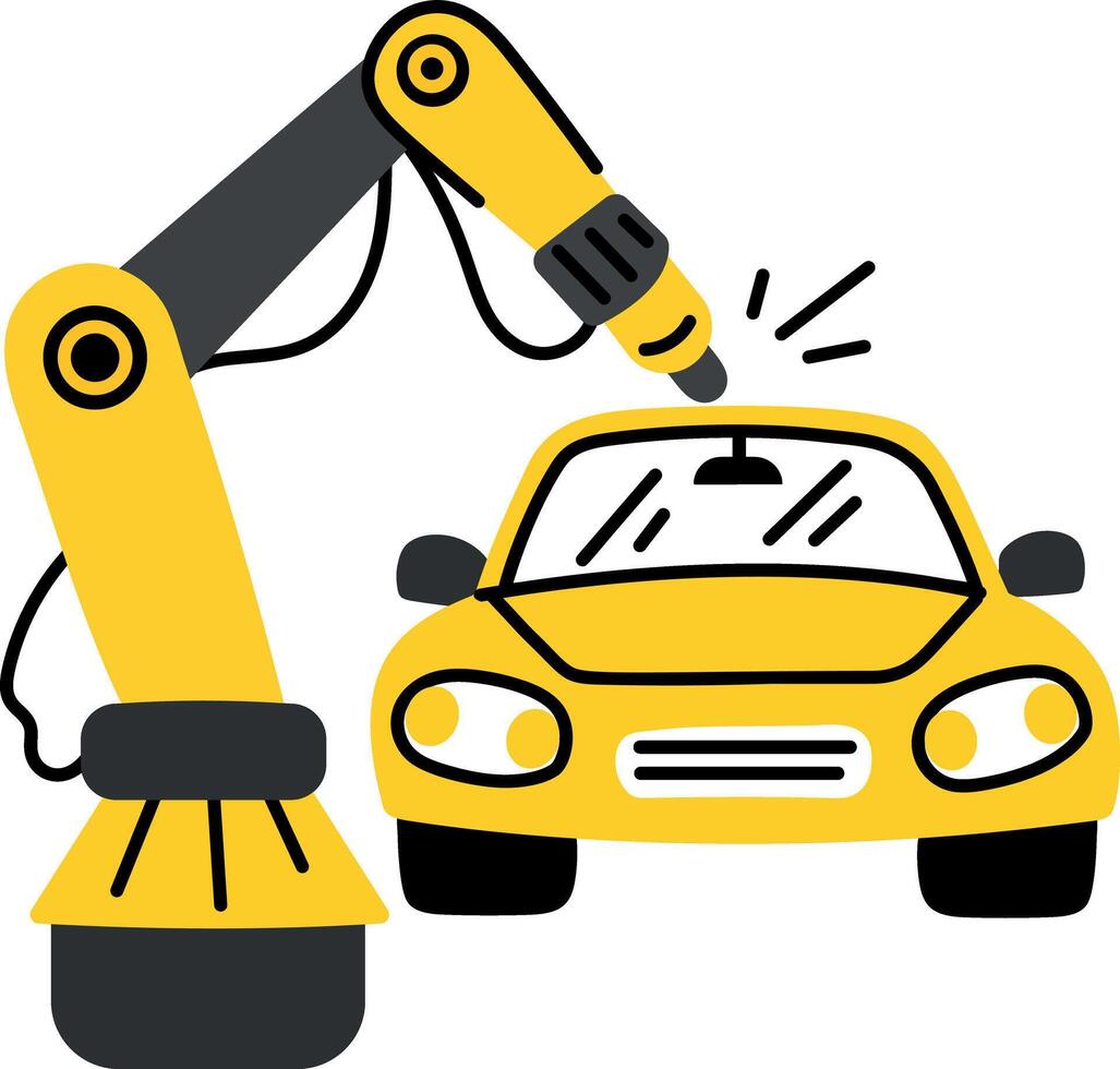 A flat style illustration of garage robot repairing a car vector