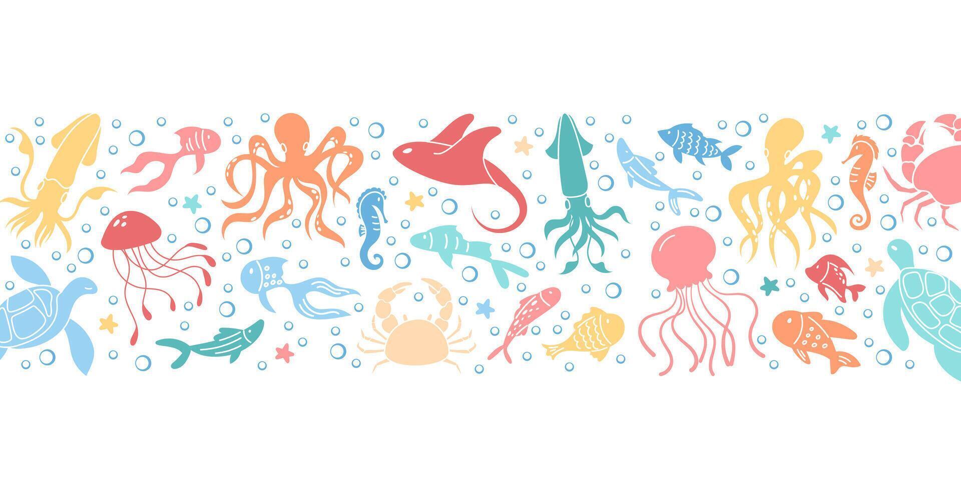 Colorful underwater animals like octopus, jellyfish, and sea turtle in a vibrant marine scene at background pattern design. Ocean reef life with various sea creatures depicted in a set. vector