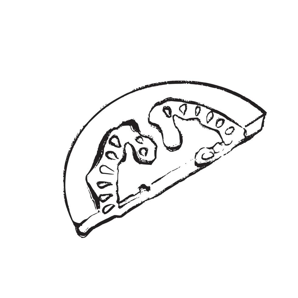 Black and white drawing of a tomato slice. Suitable for culinary projects, packaging, logos, botanical illustrations, and design. vector