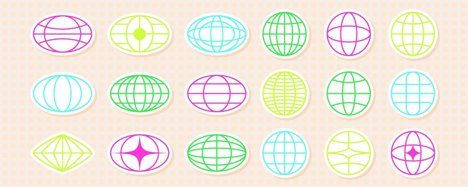 Colorful abstract 2D spheres with grid lines and wireframe patterns, in retro Y2K sticker style. Bright geometric and mesh elements create a vibrant, futuristic aesthetic. vector