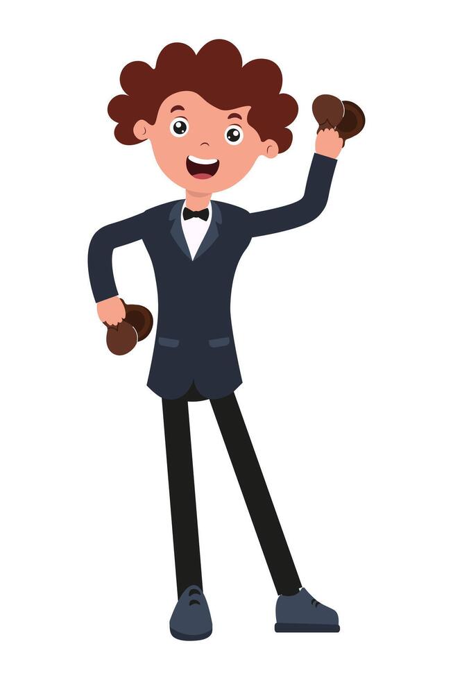 Cheerful character in tuxedo lifting dumbbells for a fun fitness moment vector