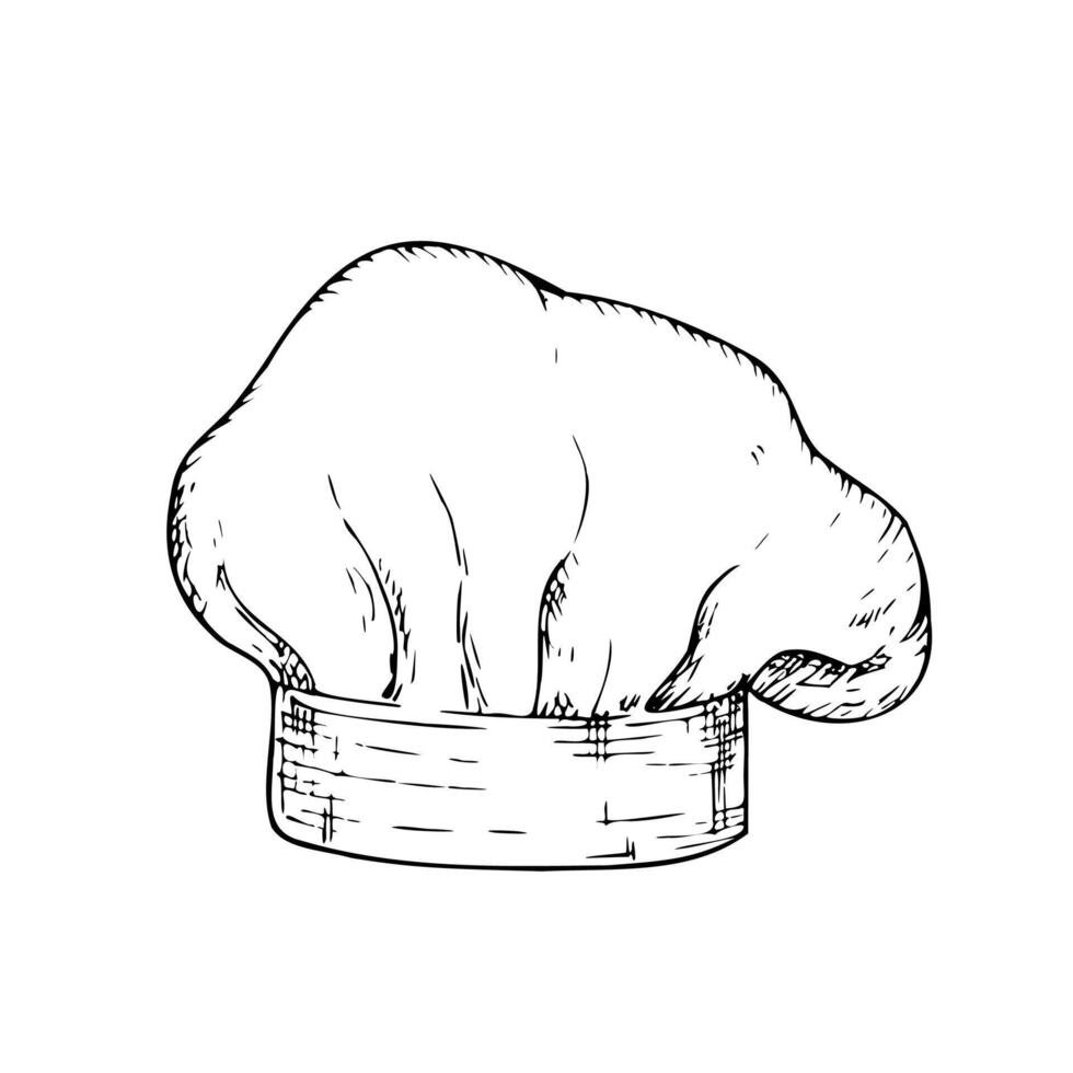 Chef hat. Graphic ink professional cap sign and symbol, kitchen tool illustration isolated on background. Hand drawn line sketch. For designers, prints, logo, icon, menu, postcards, holiday vector