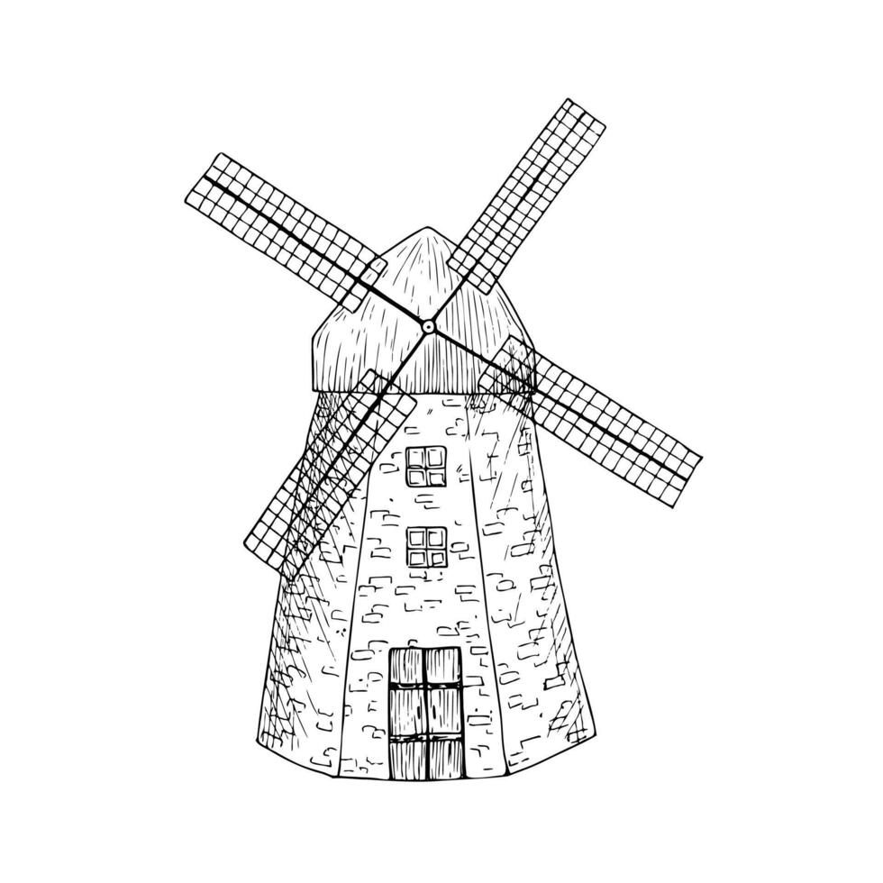 Windmill. Graphic mill logo or label. Farm, agriculture illustration isolated on background. Hand drawn line sketch. For designers, prints, logo, icon, menu, postcards, holiday, covers vector