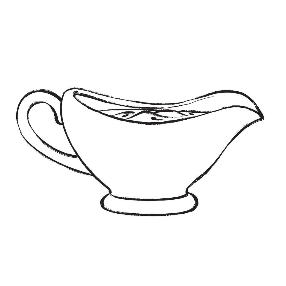 Black and white line drawing of a sauce boat with sauce. Suitable for menus, packaging, logos, recipes, kitchen illustrations, and culinary design. vector