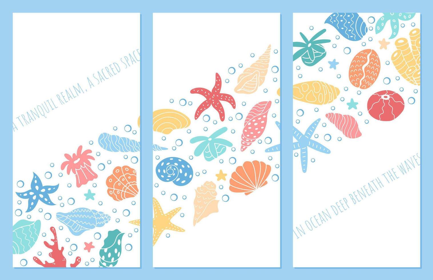 A tranquil realm depicted with underwater life, including vibrant corals, seashells, and marine creatures. Design card set with ocean scene is full of colorful aquatic life. vector