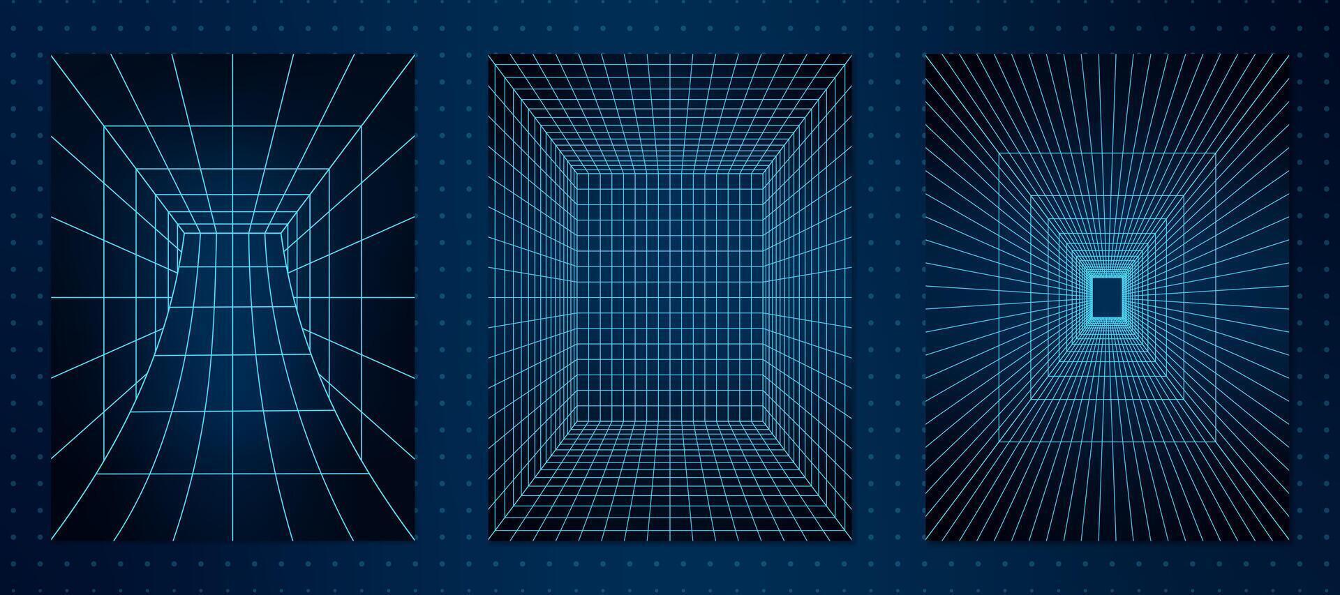 A set of three abstract 3D wireframe tunnels positioned on a dotted grid background. The geometric perspective portal shapes in a retro Y2K aesthetic combined with futuristic digital elements. vector
