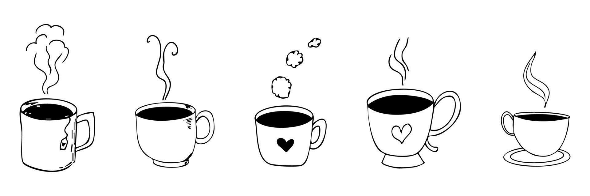 Tea or coffee cup with beverage and hot vapor steam hand drawn doodle line. Simple icon set mug sketch. Hot drinks Coffee, tea, cappuccino espresso, latte. vector