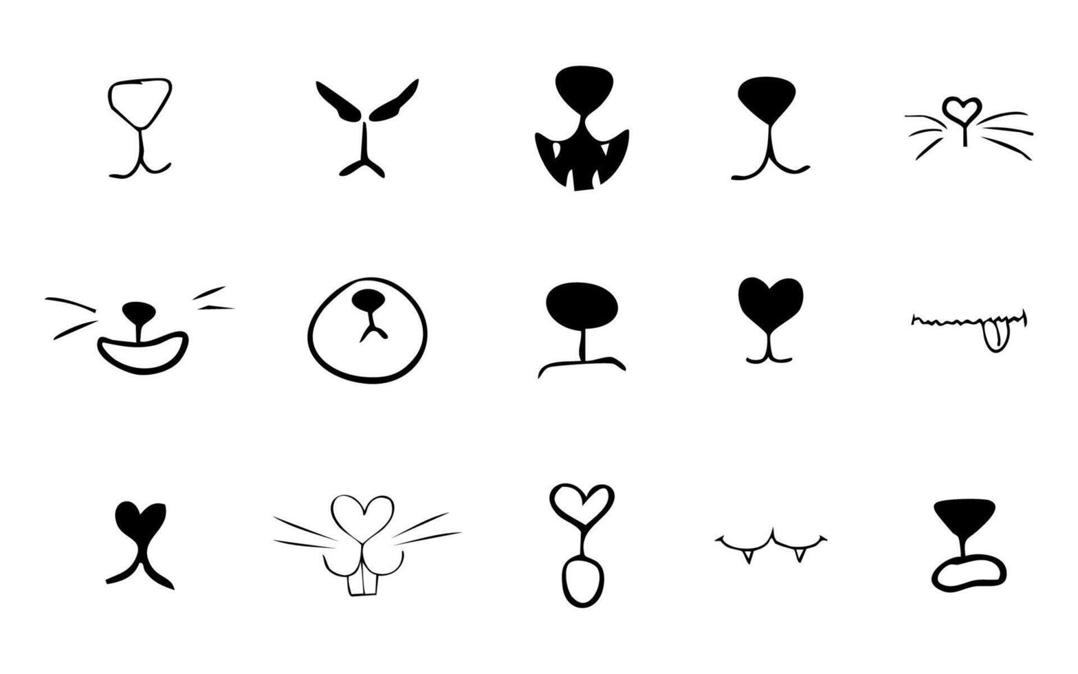 Pet mouth comic cute line doodle drawing. Set lips, noses and whiskers animal characters. Funny heart nose, hand drawn faces. vector