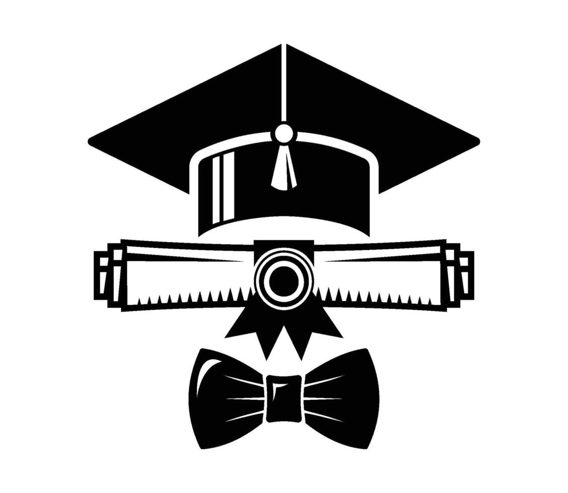 Graduation cap, diploma and bow tie vector