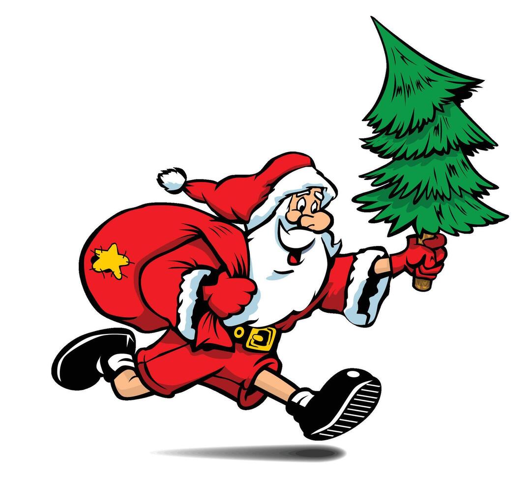 Santa Claus runs with sack and tree vector