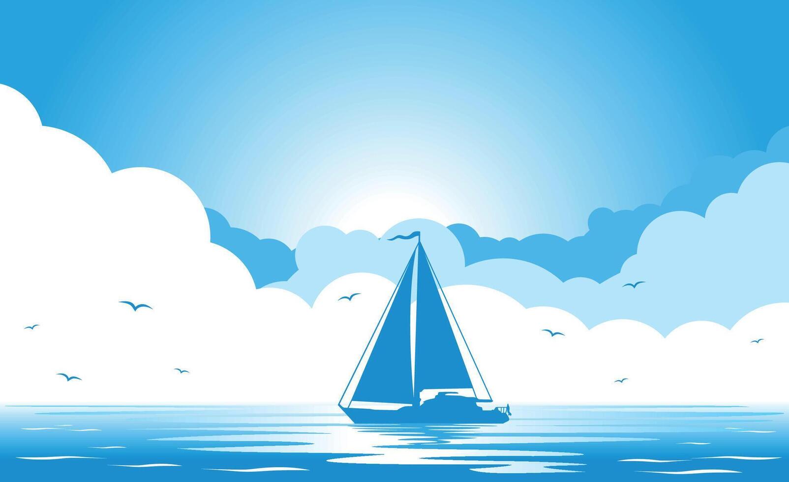 yacht silhouette on blue sea and sky with clouds background vector