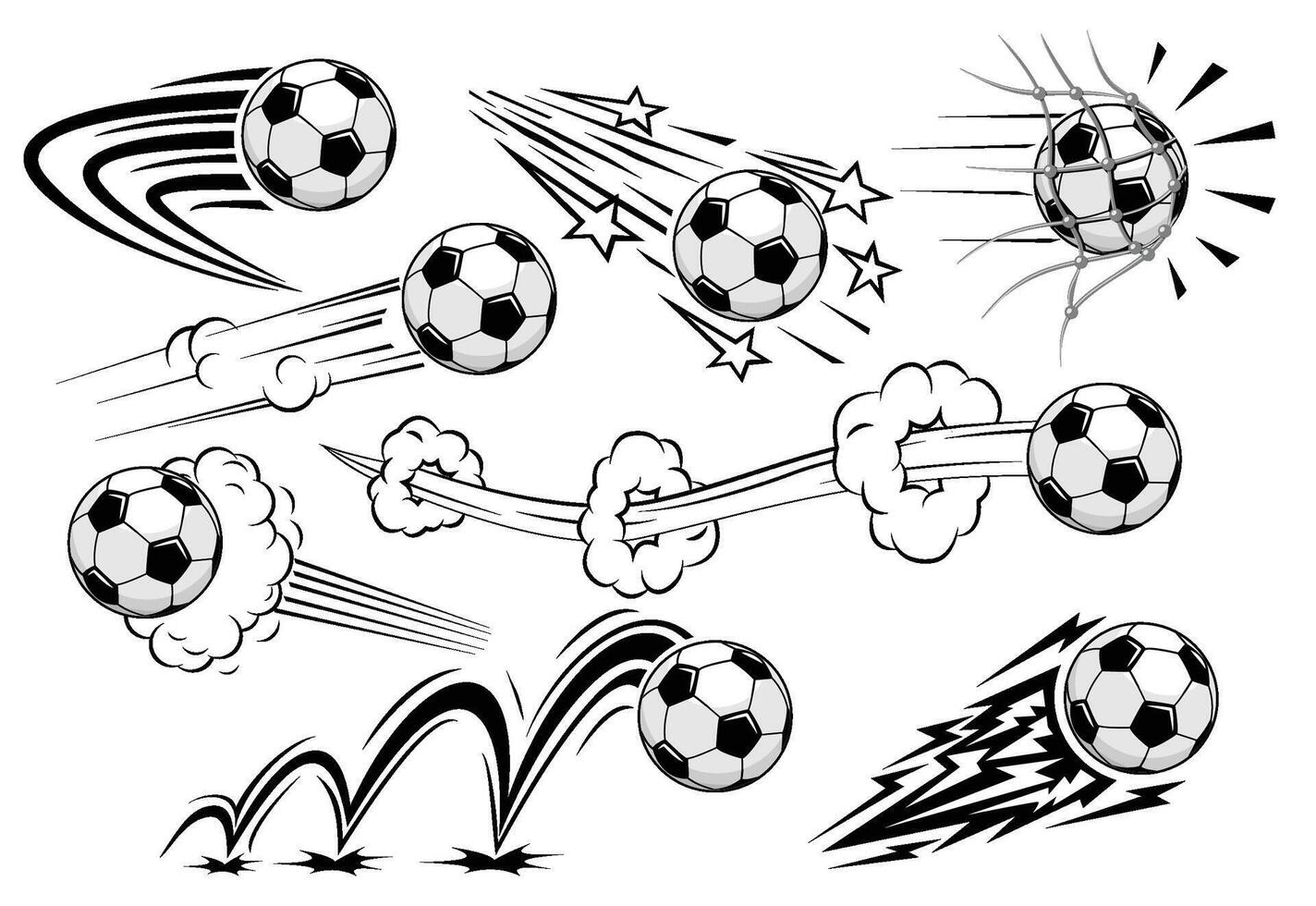 Soccers football balls fly at high speed. vector