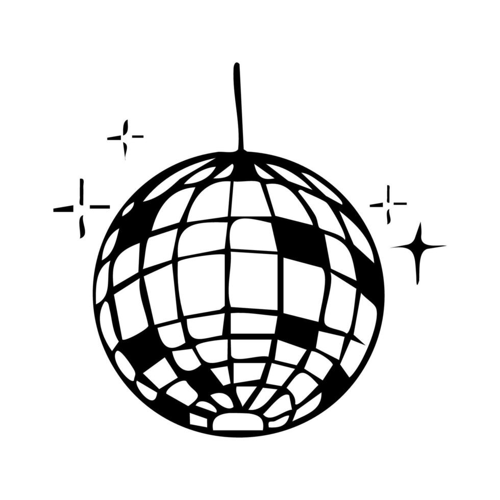 Disco ball doodle line tattoo y2k coquette trendy groovy decoration. Retro dance party line hand drawn design elements. Disco ball with stars, sketch vector