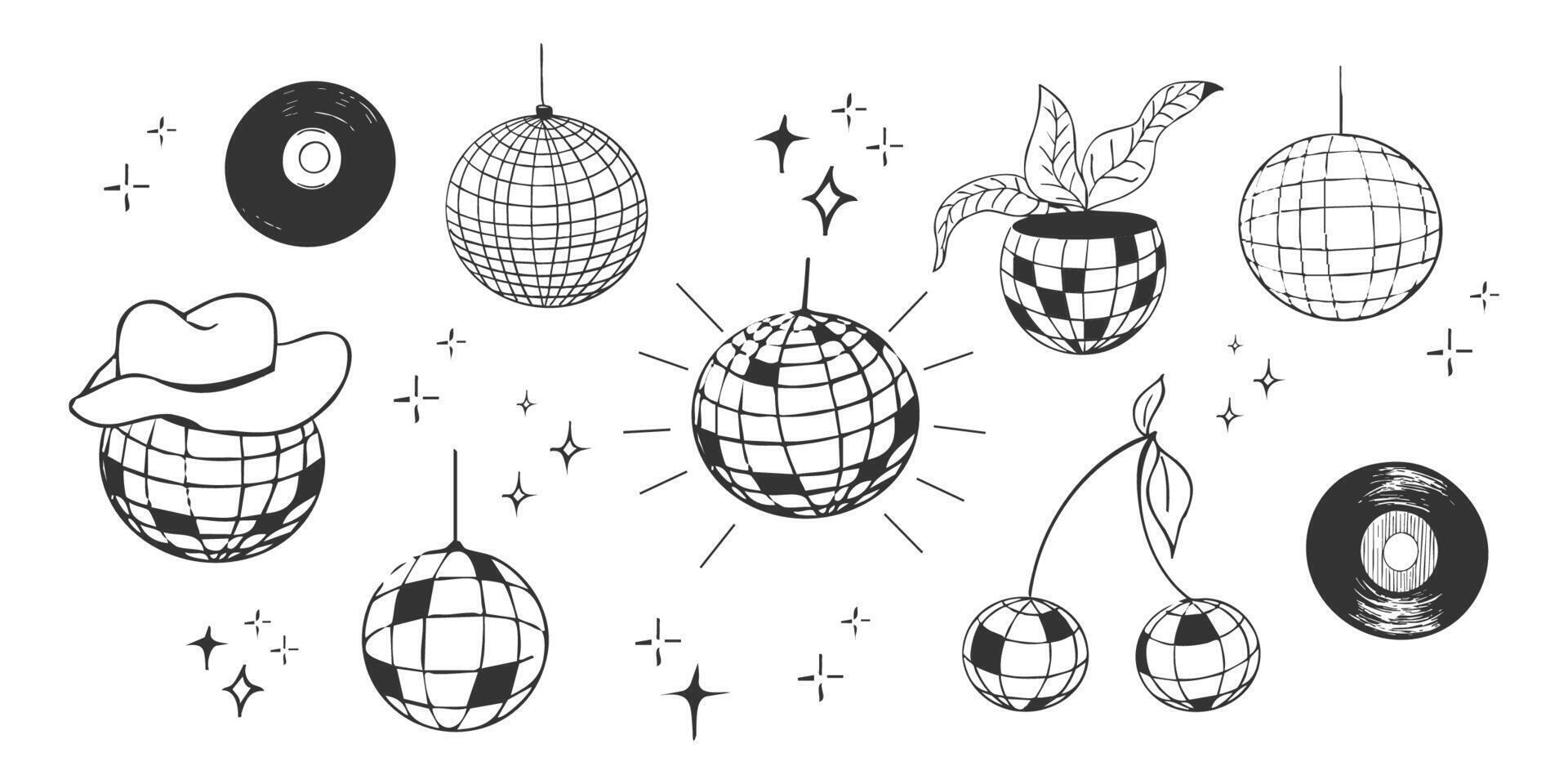 Disco ball doodle line tattoo y2k coquette trendy groovy decoration set. Retro dance party line hand drawn design elements. Disco ball, flower pot, vinyl with stars, sketch vector