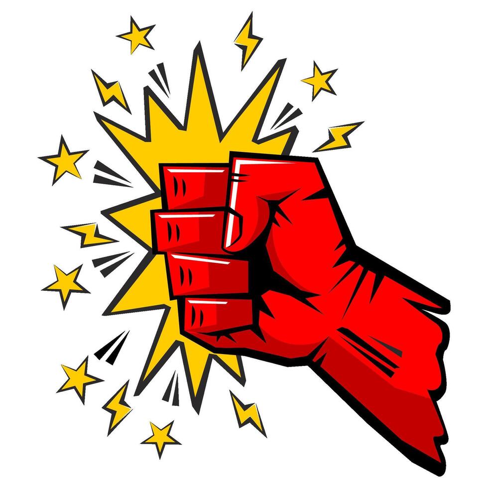 Crushing blow fist, strong punch drawn in comic style. Fist punching, hit strong fist. vector
