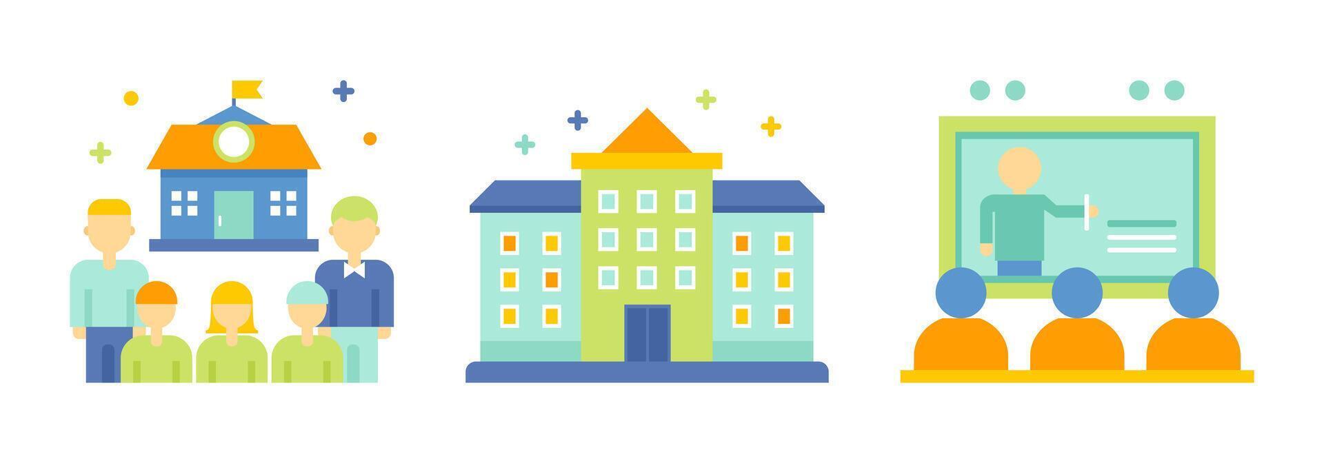 Education concept icons illustrations set. Back to school. People in classroom, school building, learning. Teacher is giving a lesson to the students. vector