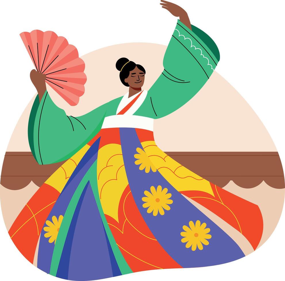 A flat style illustration of korean dancer wearing traditional attire vector