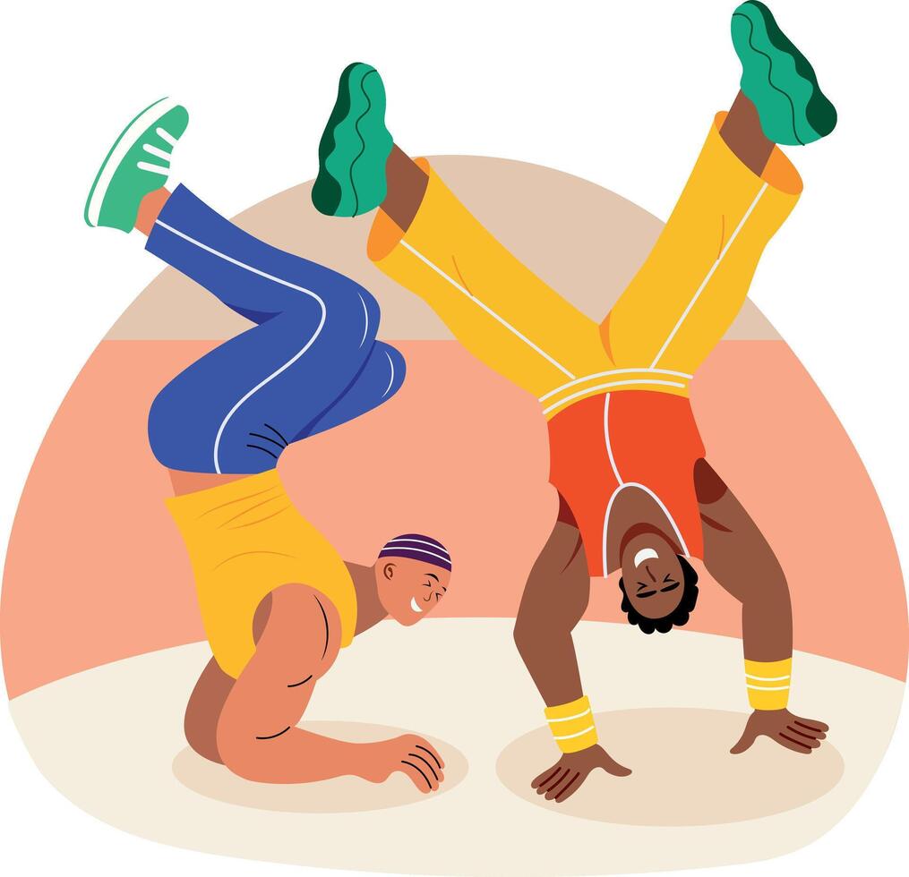 A flat style illustration of two character doing breakdance on street vector