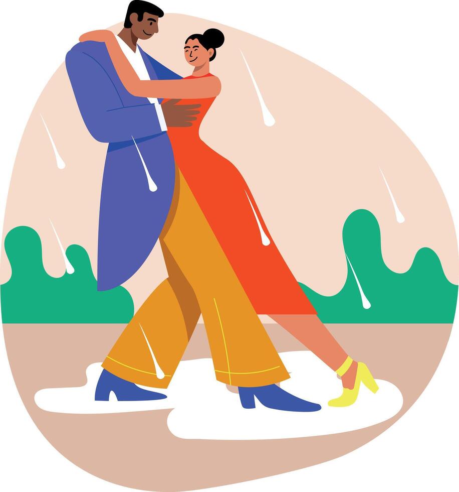 A flat style illustration of romantic couple doing rain dance vector
