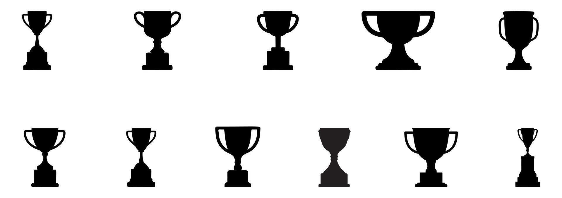 A set of black trophy silhouettes related to championship awards, isolated on a white background. Trophy cups, icons and sports awards. vector