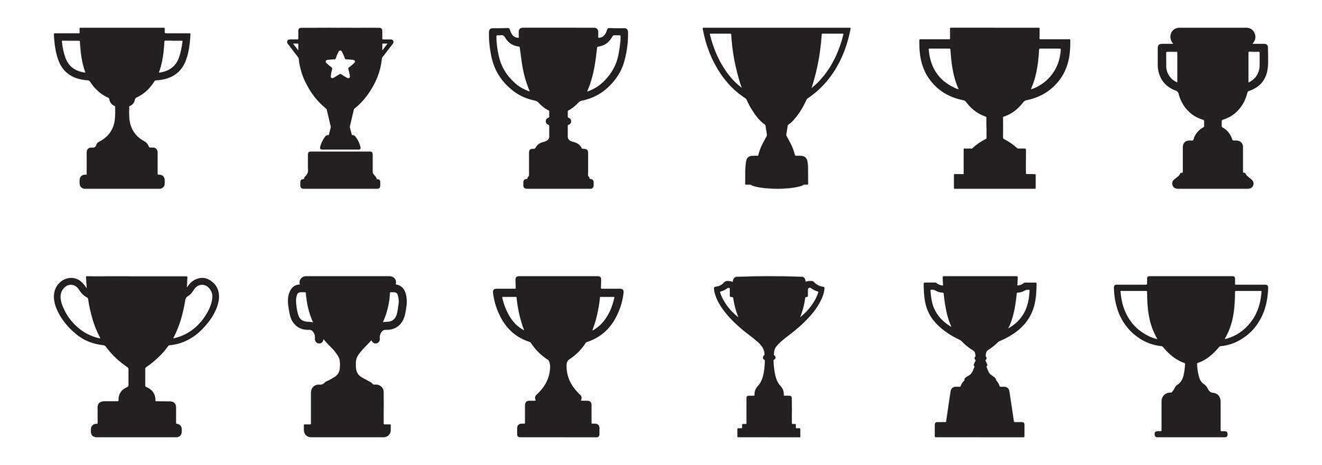 A set of black trophy silhouettes representing award trophies for sports championships, isolated on a white background. vector