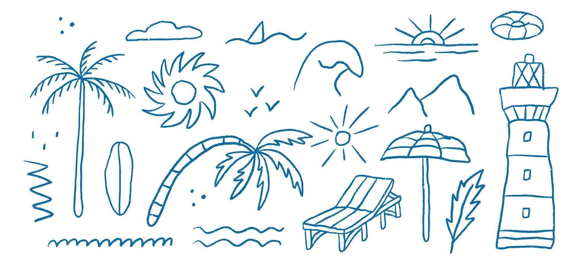 Groovy ink beach summer outline elements. Drawn palm tree and sunbed. Abstract minimal sea and sun vector