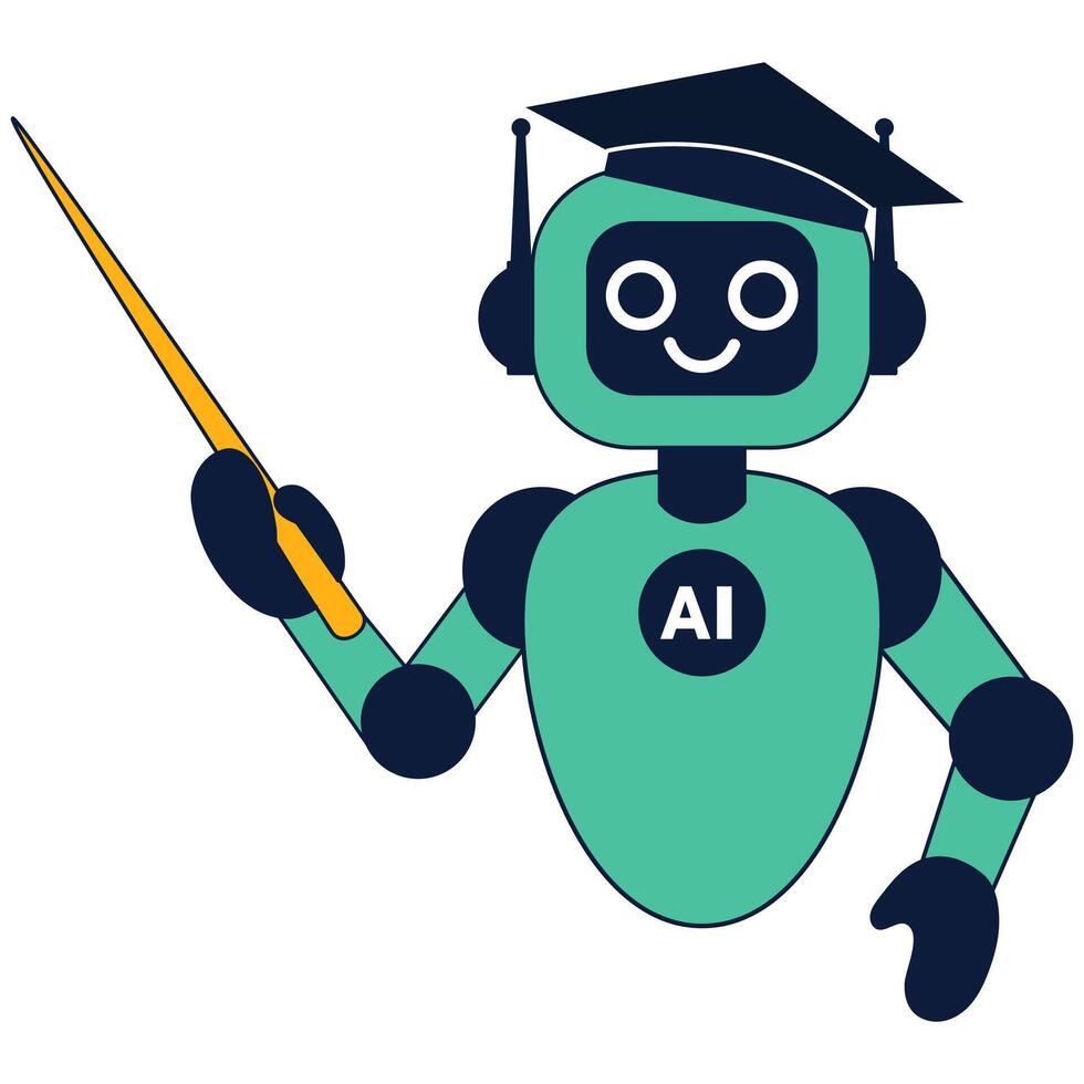 AI robot in a graduation cap with a pointer in his hands vector