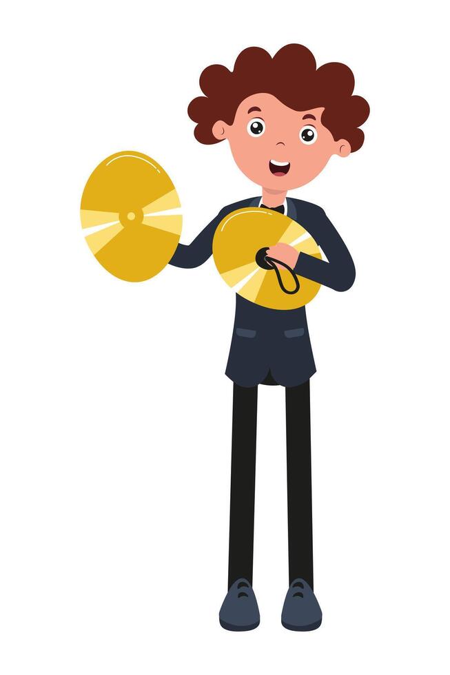 Boy enthusiastically playing cymbals while smiling during a lively music activity vector