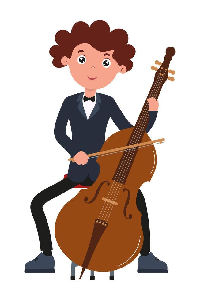 Child musician performing with a cello while seated in a formal attire at a concert vector