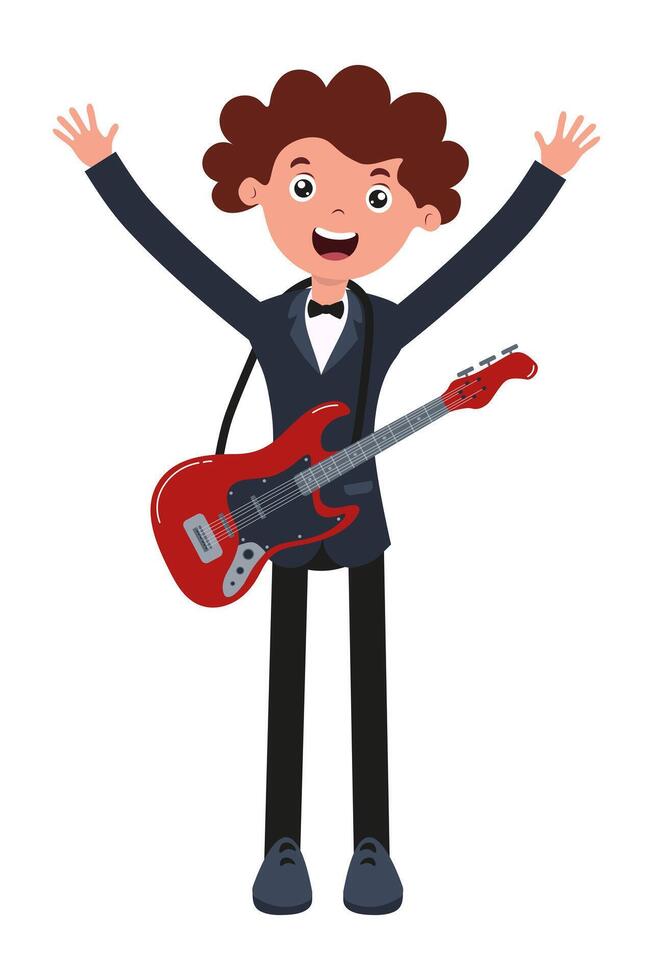 Young musician excitedly performs with a red electric guitar during a lively music event vector