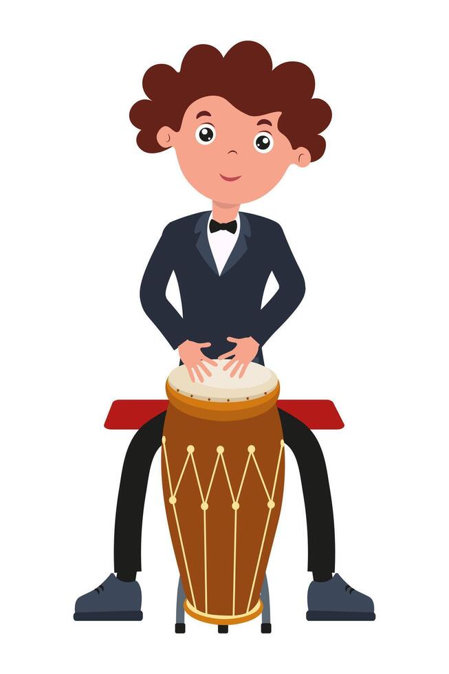 Young musician playing a conga drum with enthusiasm during a lively event vector