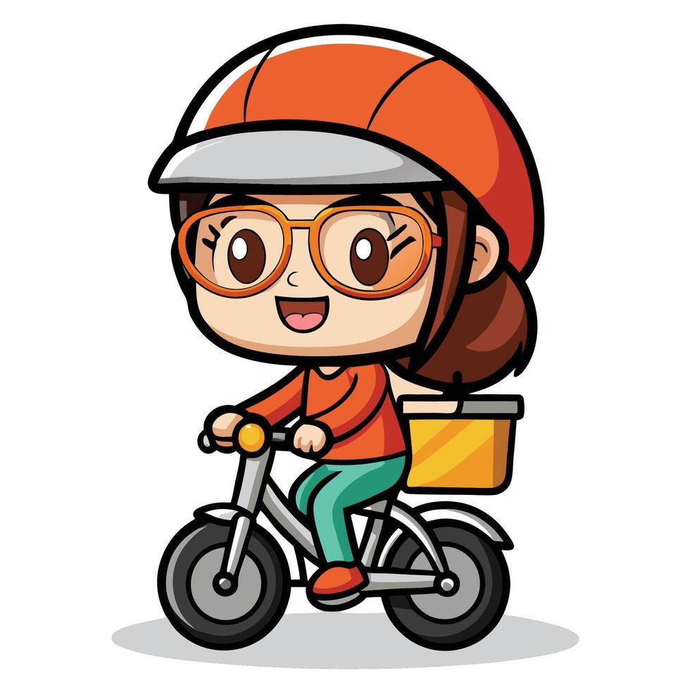cartoon girl riding a bike with a basket vector