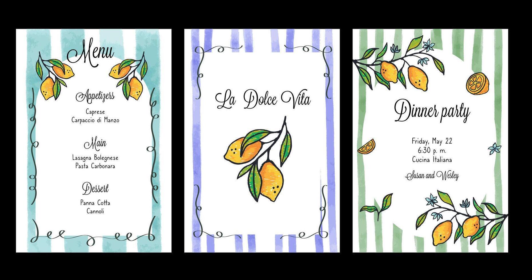 Hand draw la dolce vita breakfast temple. Posters with drawing lemon fruit with striped frame. Minimalist line art. Flier for invitations, menus design vector