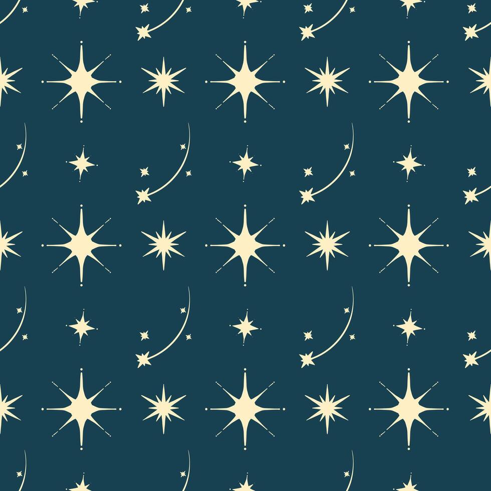 Pattern of shiny sparkle light yellow stars on dark background. Celebration, night texture for textile, wrapping paper vector