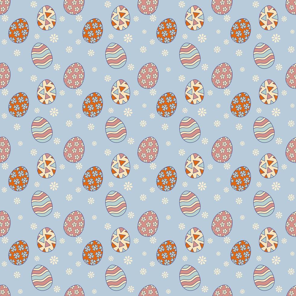 Easter egg seamless pattern on bright blue background. Colorful wallpaper. vector
