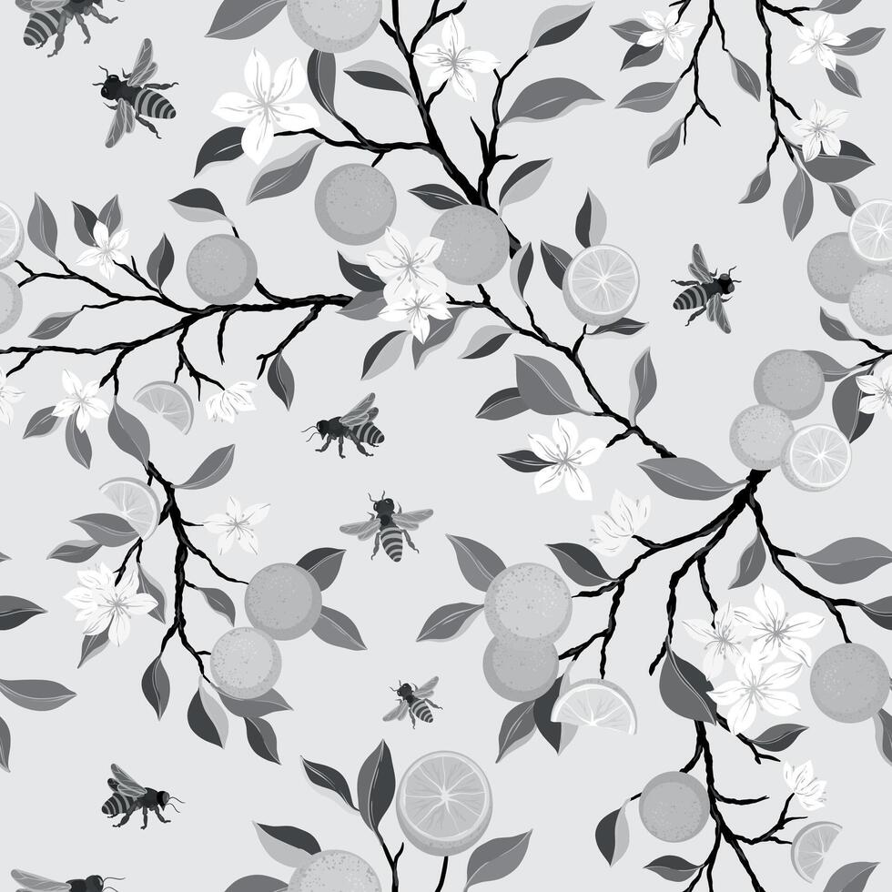 Hand drawn monochrome oranges seamless pattern with brunches and flowers, bees, cut tangerines, branches, leaves on white background. Fresh juicy citrus fruit clip art. vector