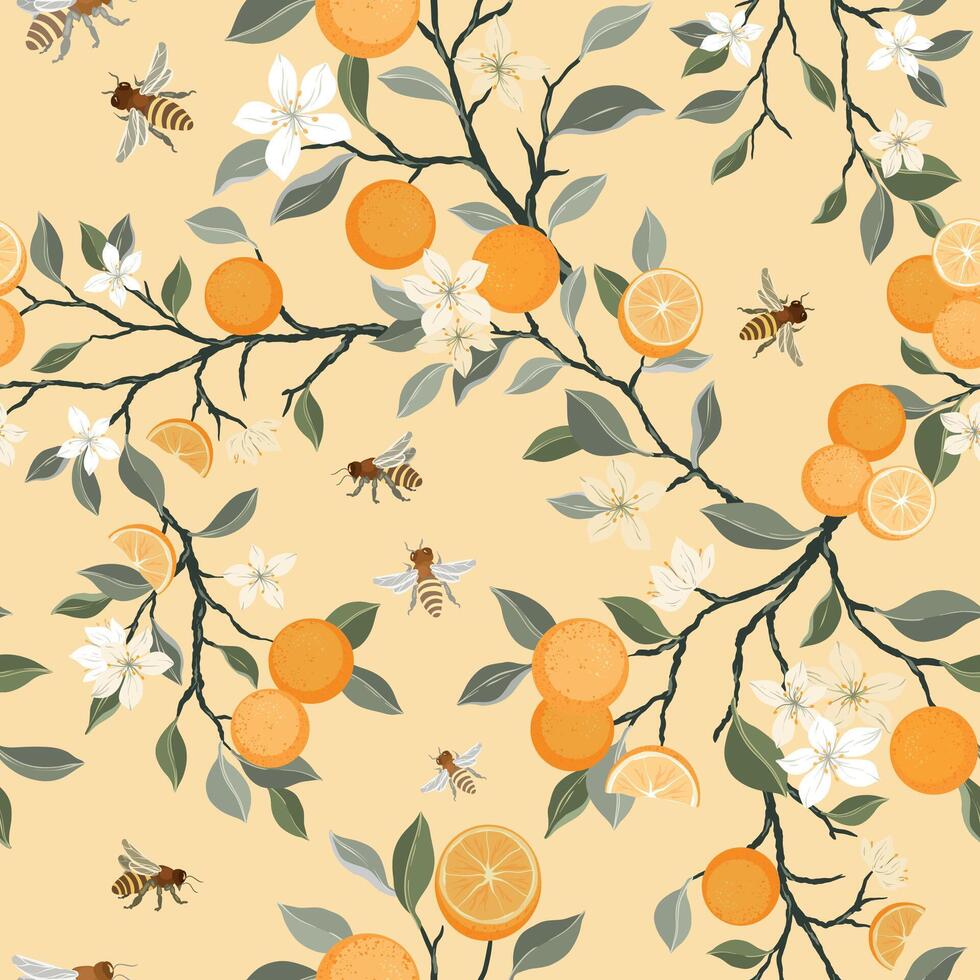 Hand drawn oranges seamless pattern with brunches and flowers, bees, cut tangerines, branches, leaves on white background. Fresh juicy citrus fruit clip art. vector