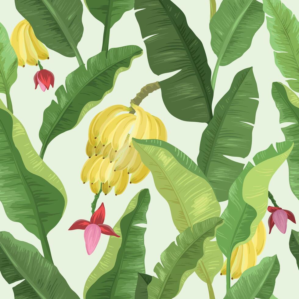 Cartoon bananas seamless pattern. banana leaves, bunch of bananas. Yellow tropical fruits and leaves. Exotic sweet desserts. illustration. vector