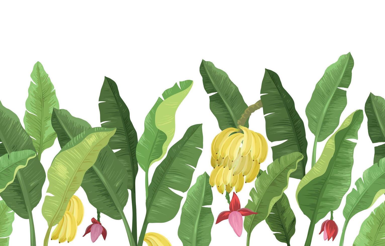 Cartoon bananas seamless from right to left pattern. banana leaves, bunch of bananas. illustration. vector
