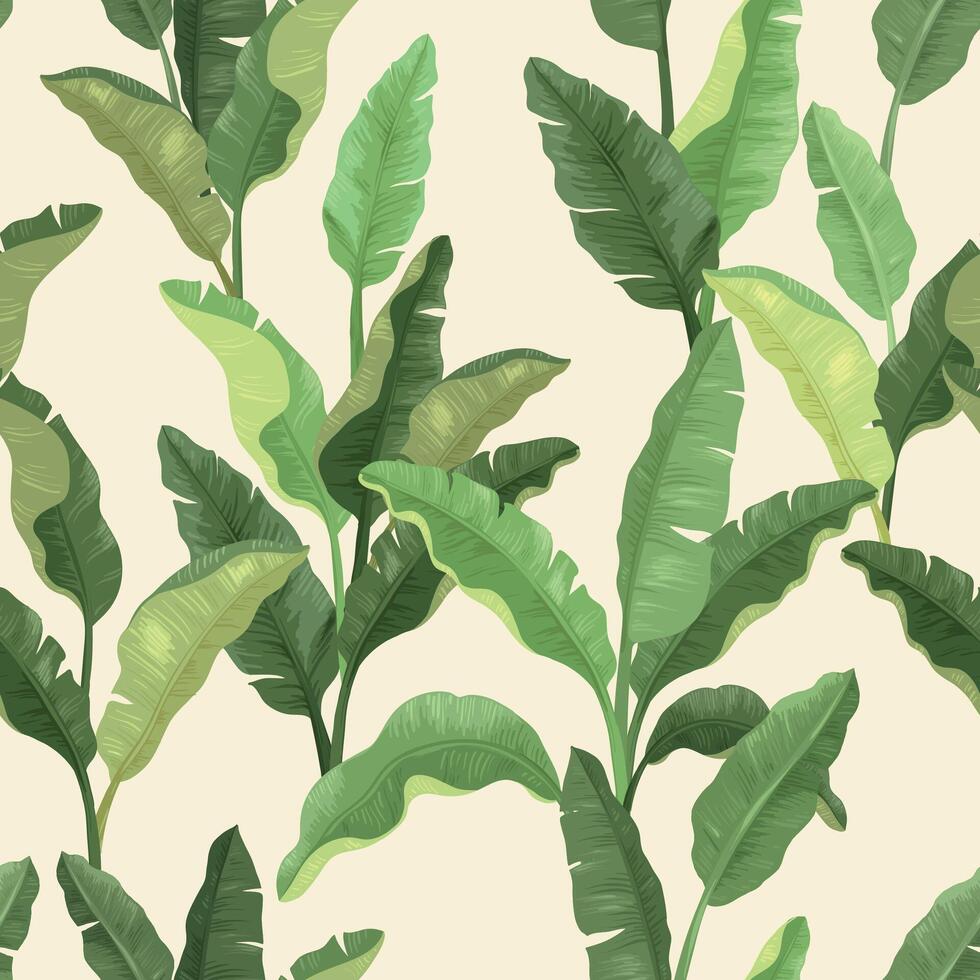 Cartoon bananas plants seamless pattern, bunch of banana leaves. illustration. vector