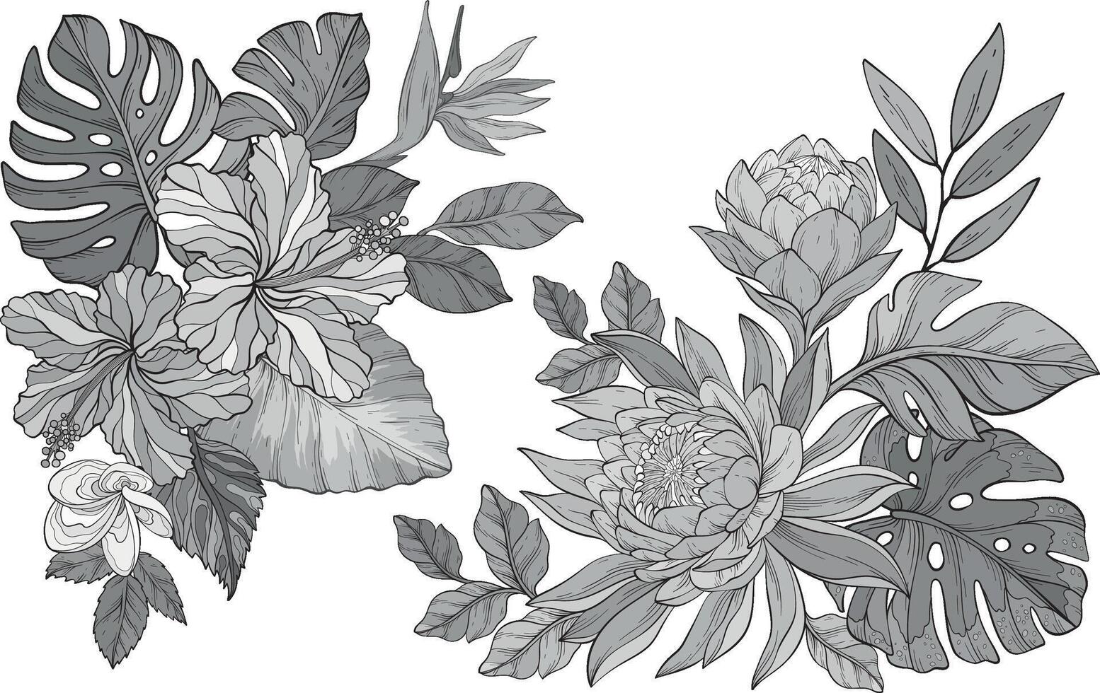 monochrome collection of tropical flowers with intricate petals sits among lush leaves vector
