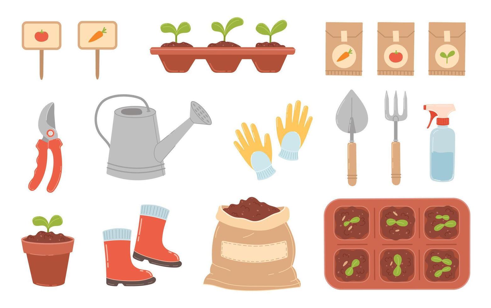 Set of elements for growing plants. Flat illustration with seedlings in pots, soil for planting, garden tools and seeds. Home gardening concept. vector