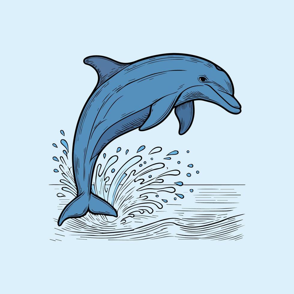 Dolphin jumping out of water. Hand drawn graphic illustration in sketch style. vector