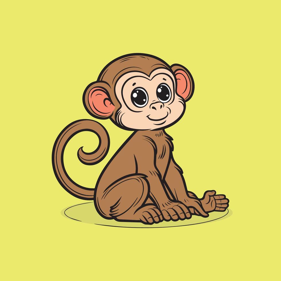 Cute cartoon monkey sitting on a yellow background. graphic illustration. vector