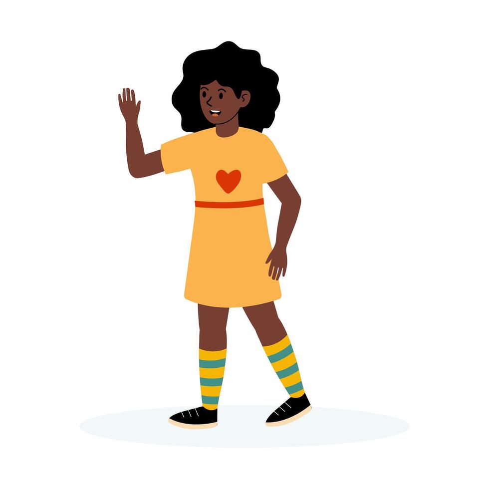 Cheerful girl waves in a bright yellow dress with striped socks in a playful setting vector