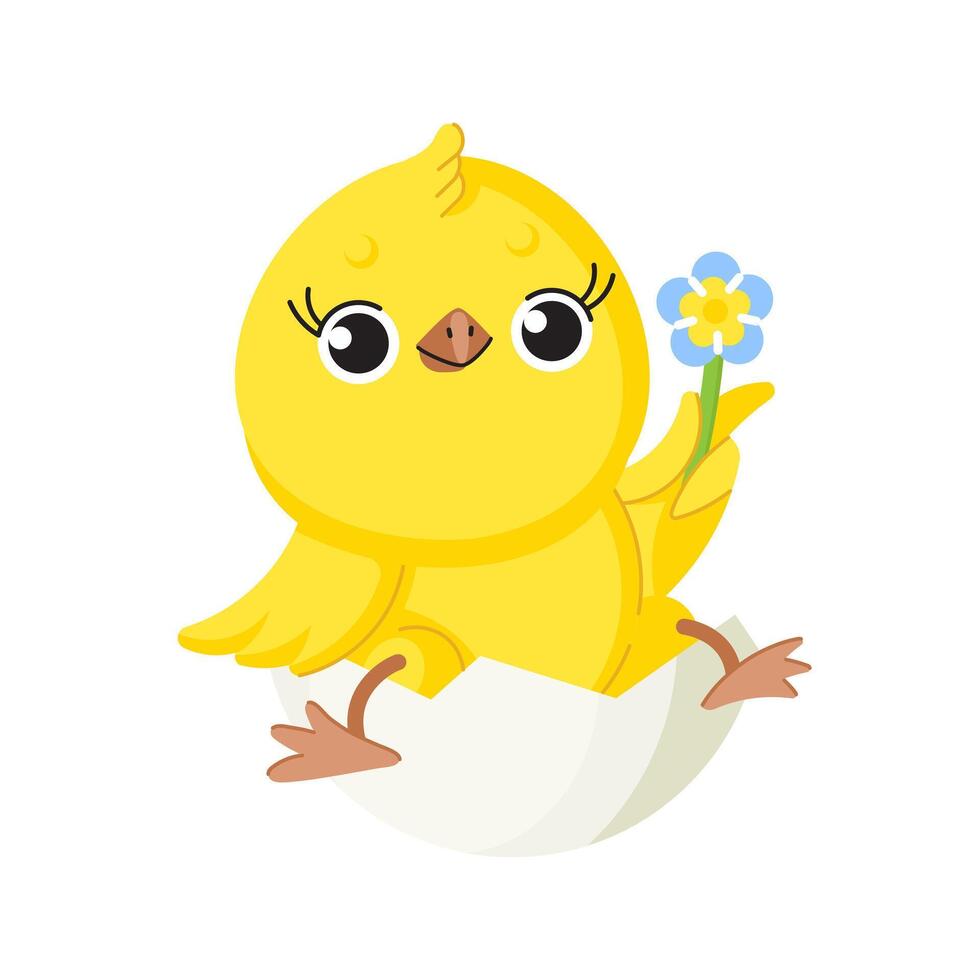 PrCute cartoon chicken with blue flower. Funny yellow chick in an eggshell. vector