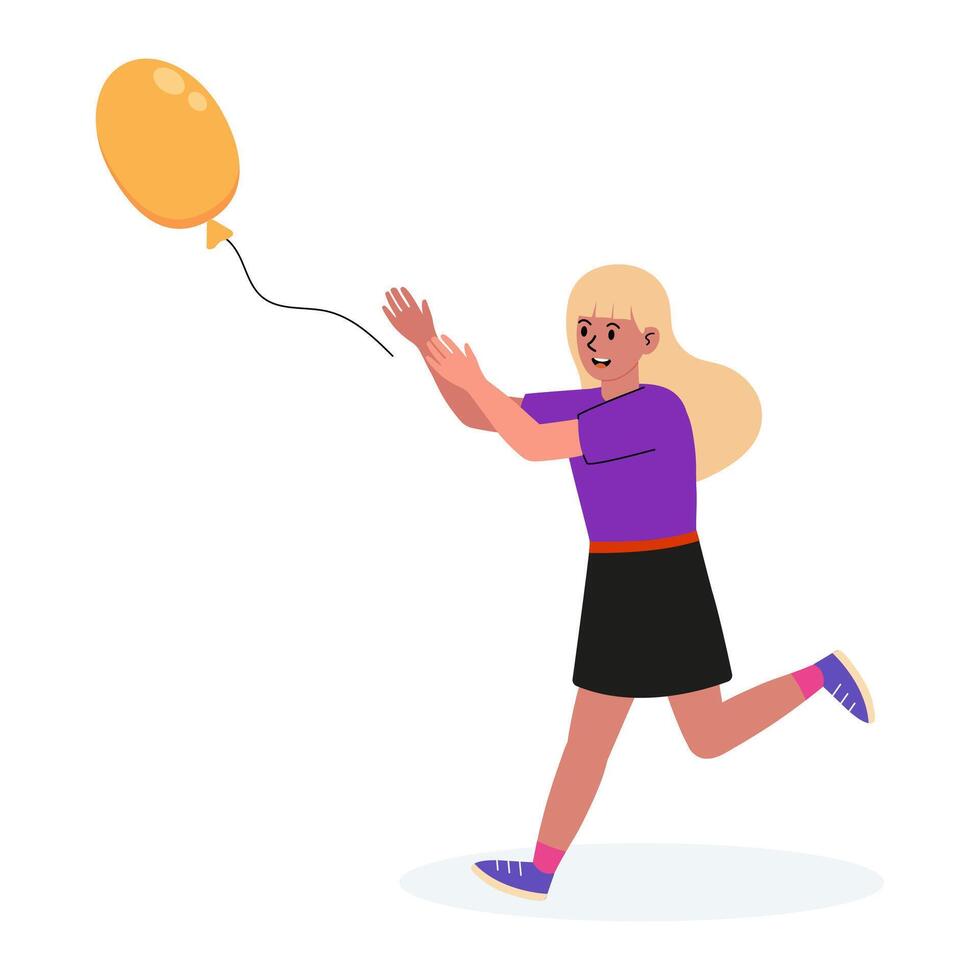 Girl running joyfully to catch a yellow balloon in a playful outdoor setting vector