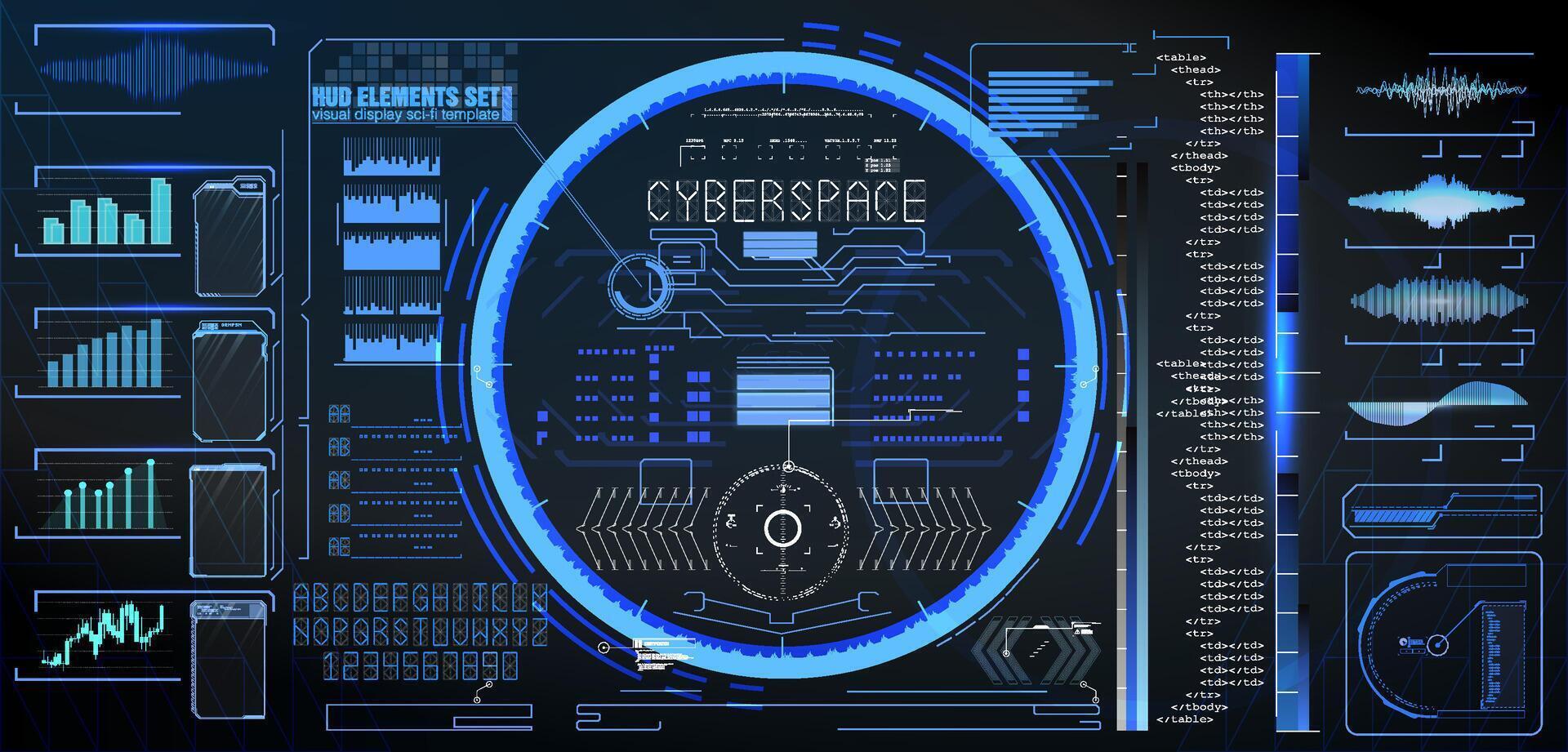 Visual display of digital data and analytics in a cyberspace environment with graphs and sound waves. vector