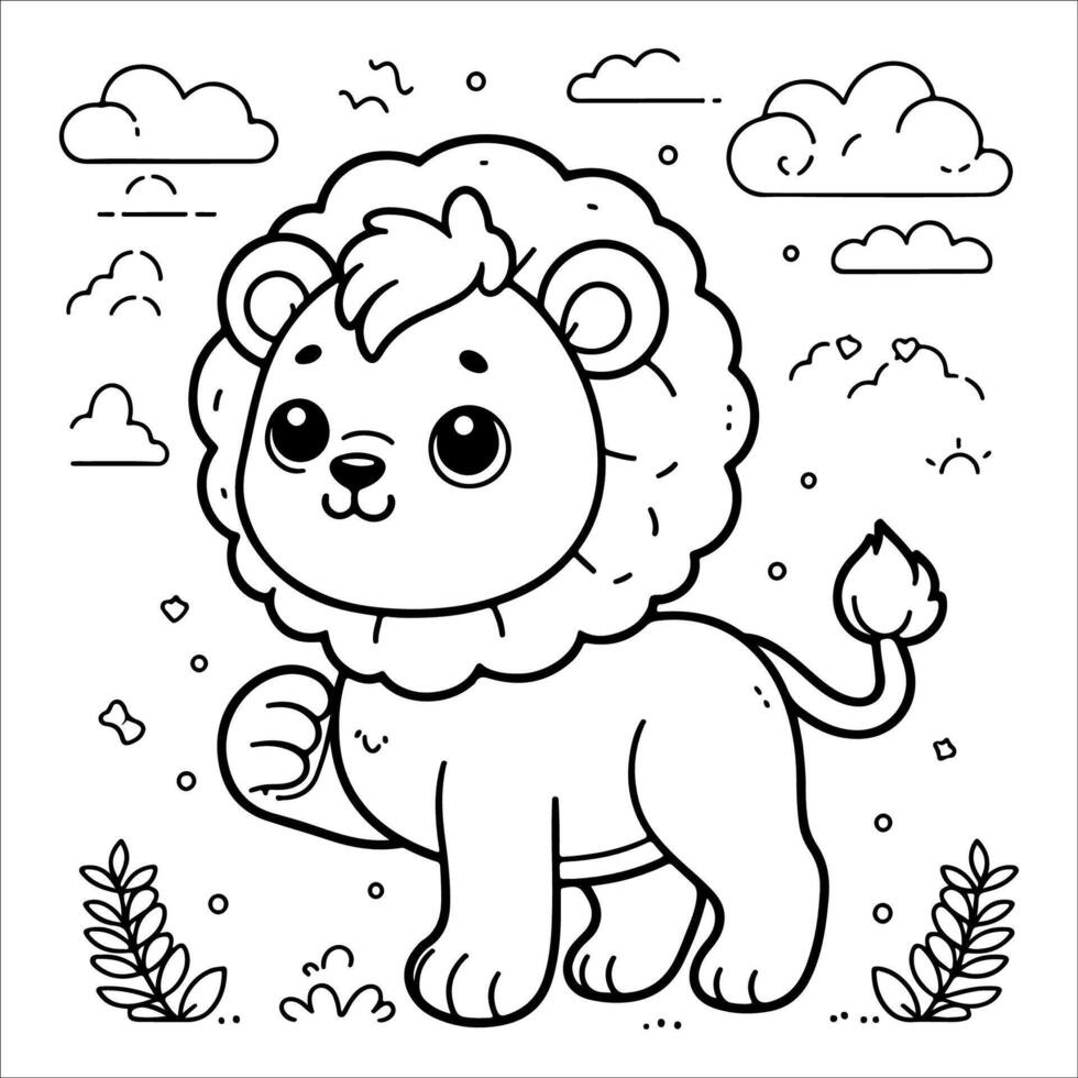 Cute cartoon lion. outline graphic illustration for coloring book. Coloring page vector